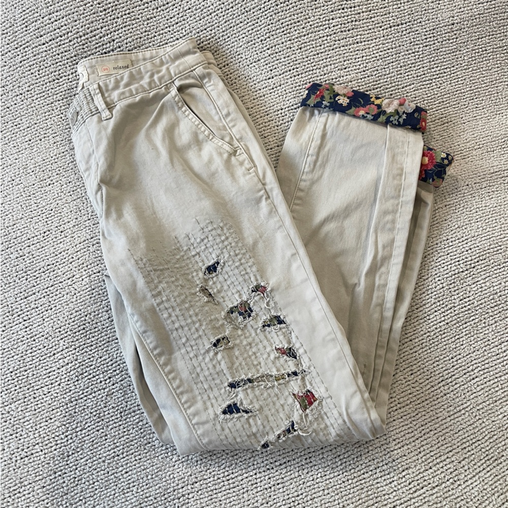 CHINO by Anthropologie cropped embroidered distressed floral patch khakis 26 - Picture 4 of 10